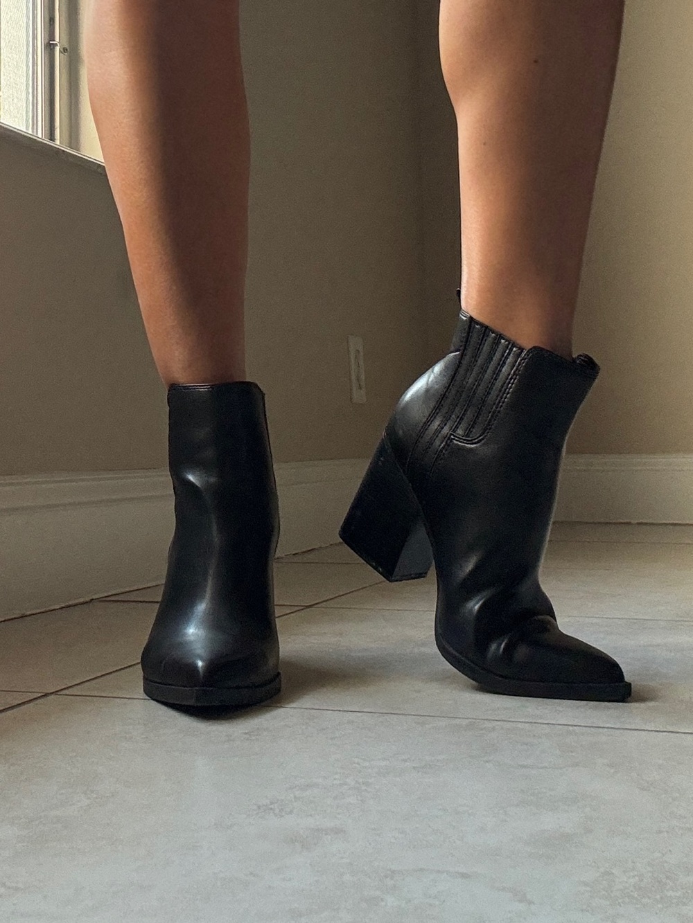 Nine West Women’s Black Leather Ankle Booties with Block Heel